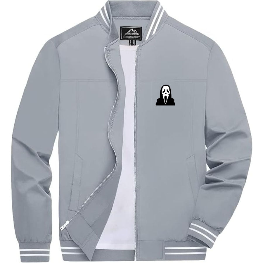 Men's Scream Ghostface Lightweight Zip-Up Bomber Jacket with Ribbed Collar and Cuffs - Versatile Casual Outerwear