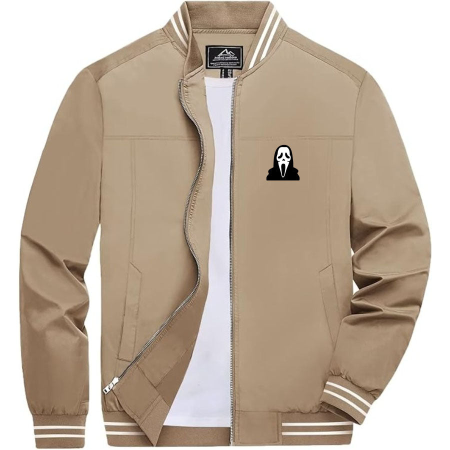 Men's Scream Ghostface Lightweight Zip-Up Bomber Jacket with Ribbed Collar and Cuffs - Versatile Casual Outerwear