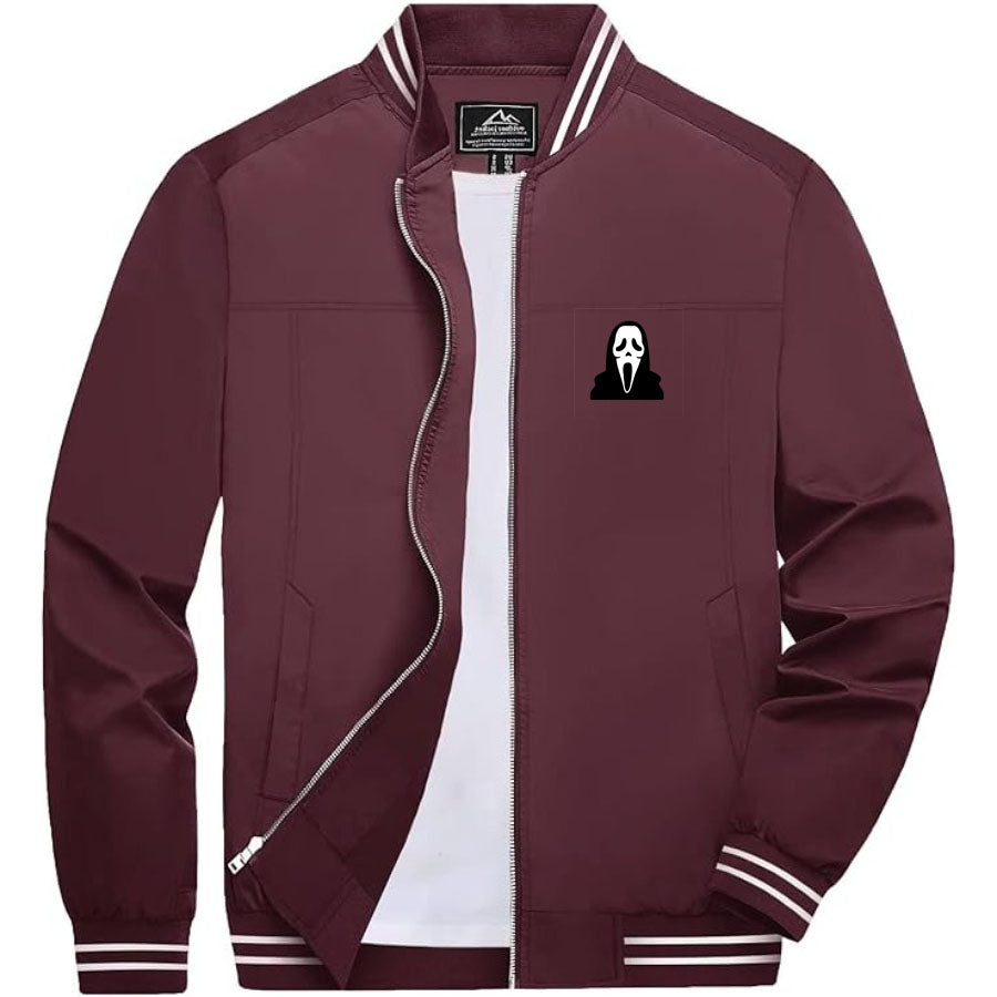 Men's Scream Ghostface Lightweight Zip-Up Bomber Jacket with Ribbed Collar and Cuffs - Versatile Casual Outerwear