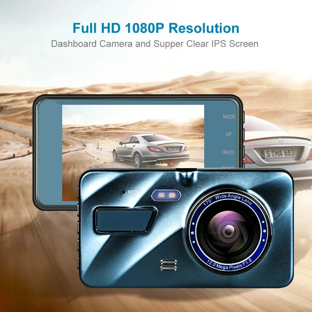 4-inch Dual Lens Dash Cam – Full HD 1080P, Night Vision, Touchscreen, Front & Rear View, Loop Recording DVR
