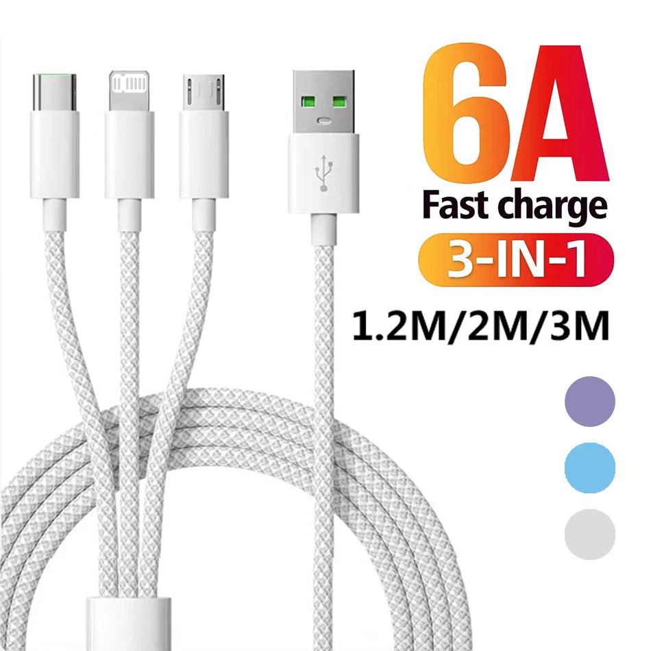 3-in-1 Fast Charging Cable - USB Type-C, Lightning, Micro USB | 66W High-Speed Charging | Braided Nylon