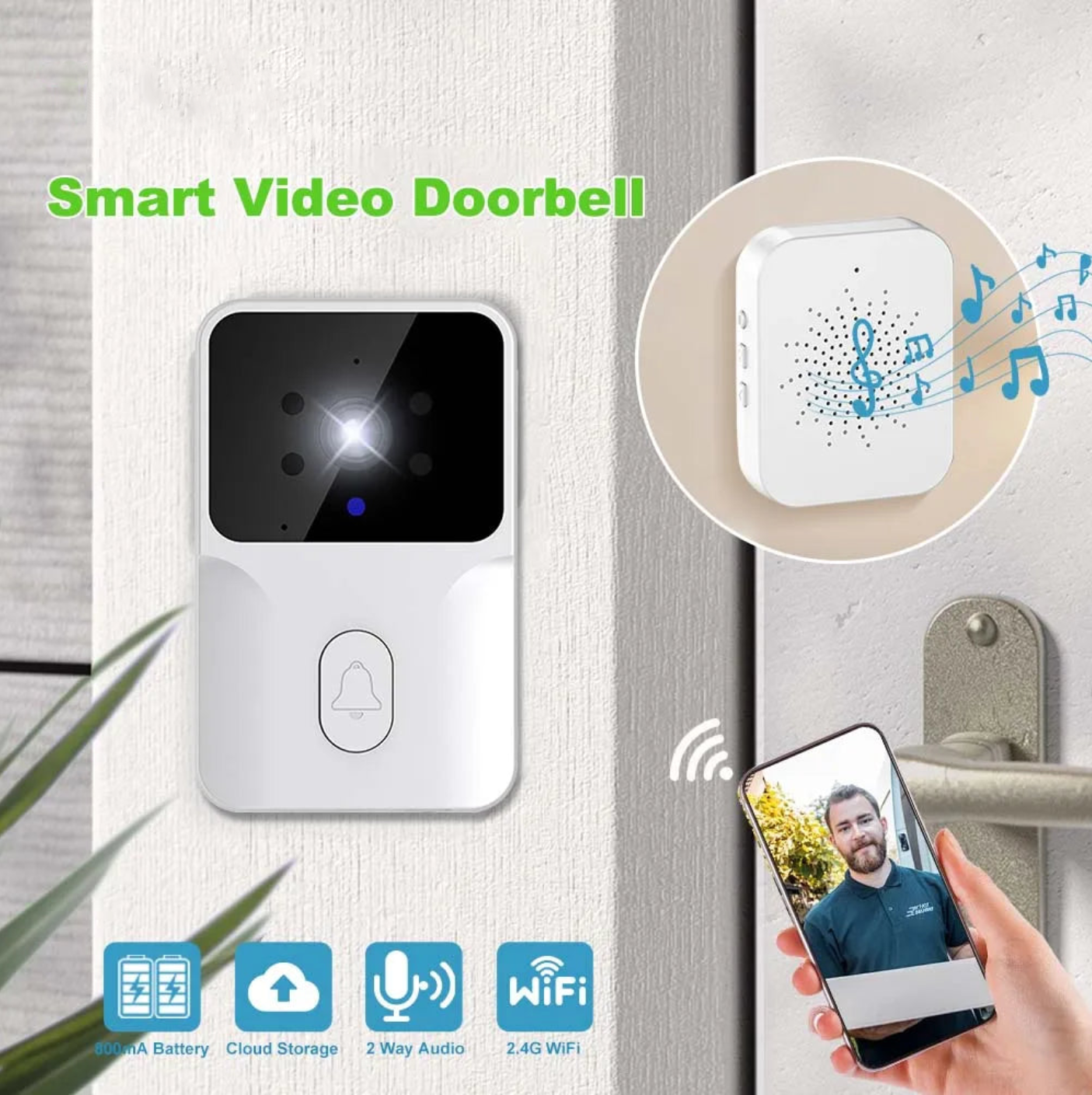 Smart Video Doorbell with Chime, WiFi Wireless Night Vision, Rechargeable Battery, and Indoor Security Protection