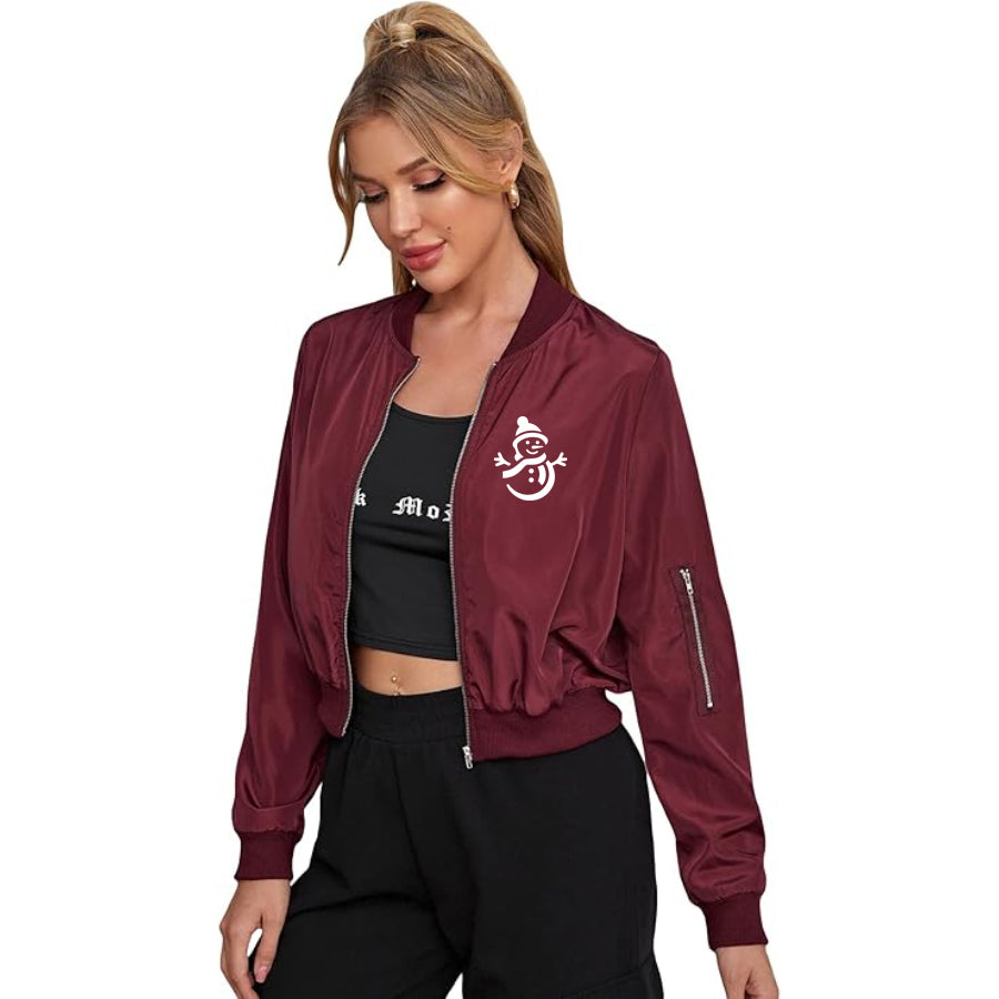 Women's Snowman Lightweight Bomber Biker Jacket Zip up Windbreaker Crop Bomber Jacket Coat